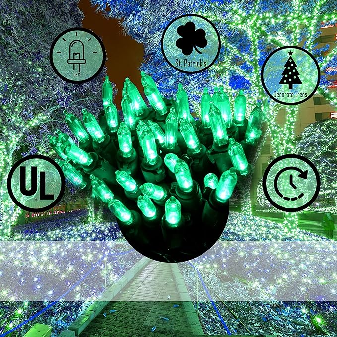 Holiday Essence 100 LED Green St Patrick's Day Christmas String Lights, 26.9 Ft Green Wire String Lights for Indoor and Outdoor Decorative Use Patio and Tree Décor UL Certified