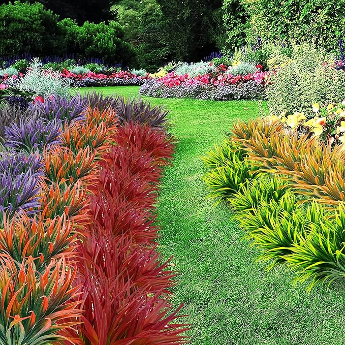 16 Pcs Outdoor Fake Plants UV Resistant Artificial Tall Grass Plants Faux Tropical Flowers Bushes Fall Winter Summer Planters Yard Patio Front Porch Décor Plastic Greenery Shrubs Decoration