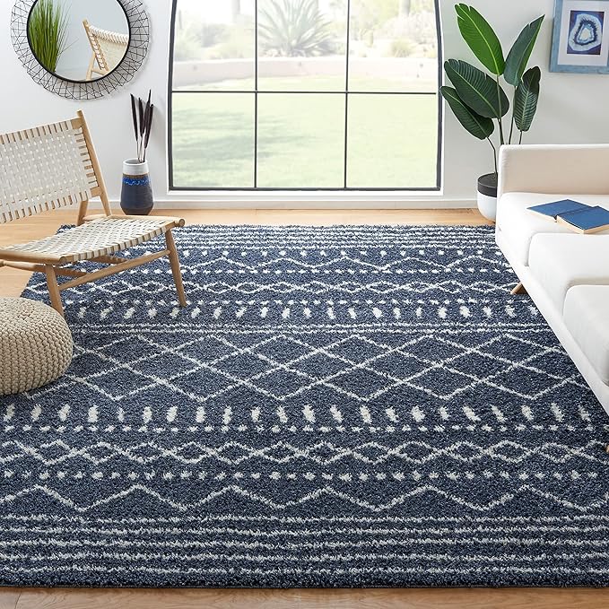SAFAVIEH Arizona Shag Collection Area Rug - 10' x 14', Slate Blue & Ivory, Moroccan Design, Non-Shedding, 1.6-inch Thick, Ideal for High Traffic Areas in Living Room, Bedroom (ASG741L-10)