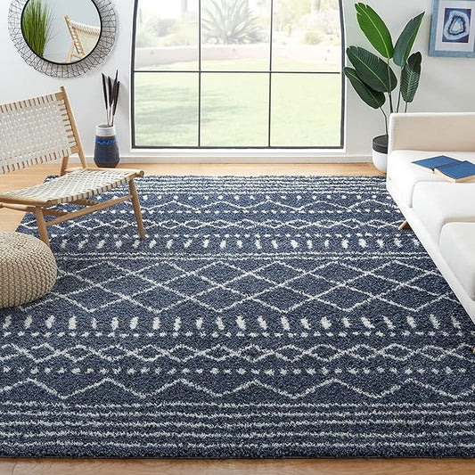SAFAVIEH Arizona Shag Collection Area Rug - 10' x 14', Slate Blue & Ivory, Moroccan Design, Non-Shedding, 1.6-inch Thick, Ideal for High Traffic Areas in Living Room, Bedroom (ASG741L-10)