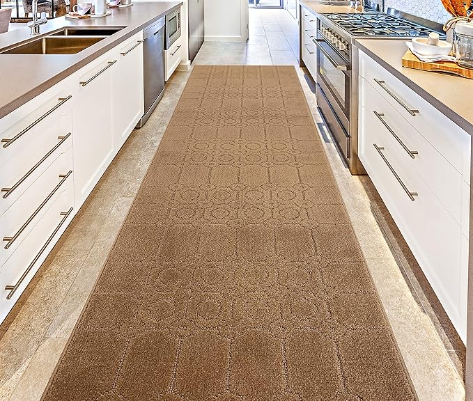 Custom Size Modern Abstract Floor Carpet Runner Rug for Hallways, Slip Resistant Latex Rubber Backed, 31 inch Wide X Customized Length, Art Gold Tan, 31 inch X 34 feet
