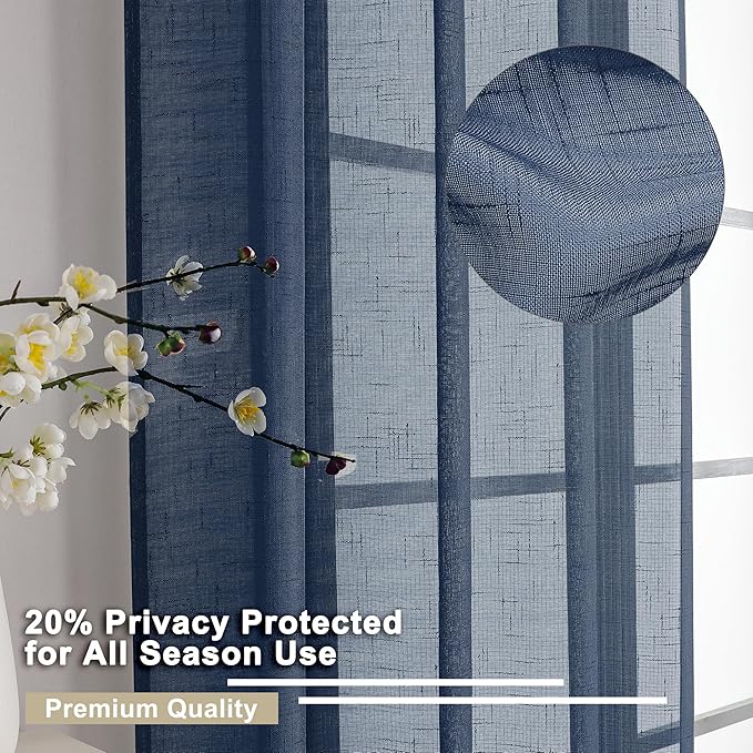 Aiyufeng Kirei Open Linen Weave Flax Textured Navy Blue Sheer Window Curtains 63 inches, Medium Long Privacy Semi-Transparent Sheer Panels for Farmhouse/Bedroom, 80" Wide Total 2 Panels, Dark Blue