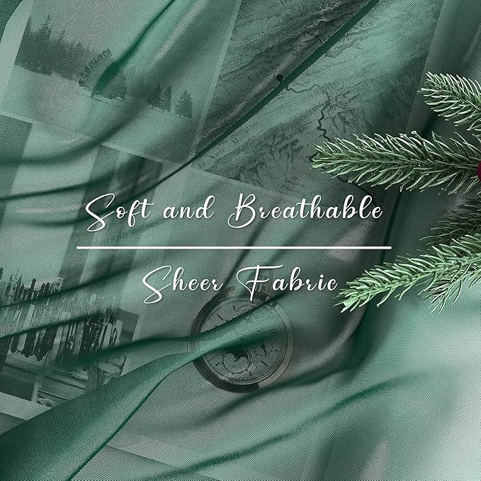 NICETOWN Sante Green Decorative Window Scarfs for Christmans, Voile Sheer Curtains Flexible Valances Bed Canopy for Thanksgiving Day, Set of 2, W60 x L216