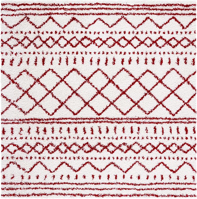 SAFAVIEH Arizona Shag Collection Area Rug - 6'7" Square, Ivory & Red, Moroccan Design, Non-Shedding & Easy Care, 1.6-inch Thick Ideal for High Traffic Areas in Living Room, Bedroom (ASG741P)
