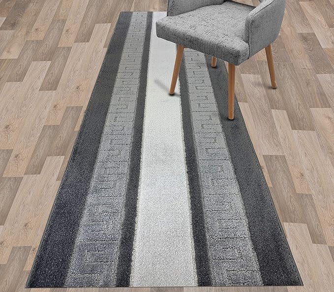 Custom Length Cut to Size Ancient Latin Hellenic Motif Carpet Runner Rug for Hallways, Non Slip Rubber Backed, 31 inch Wide X Customized Length, Greek Key Grey, 31 inch X 25 feet