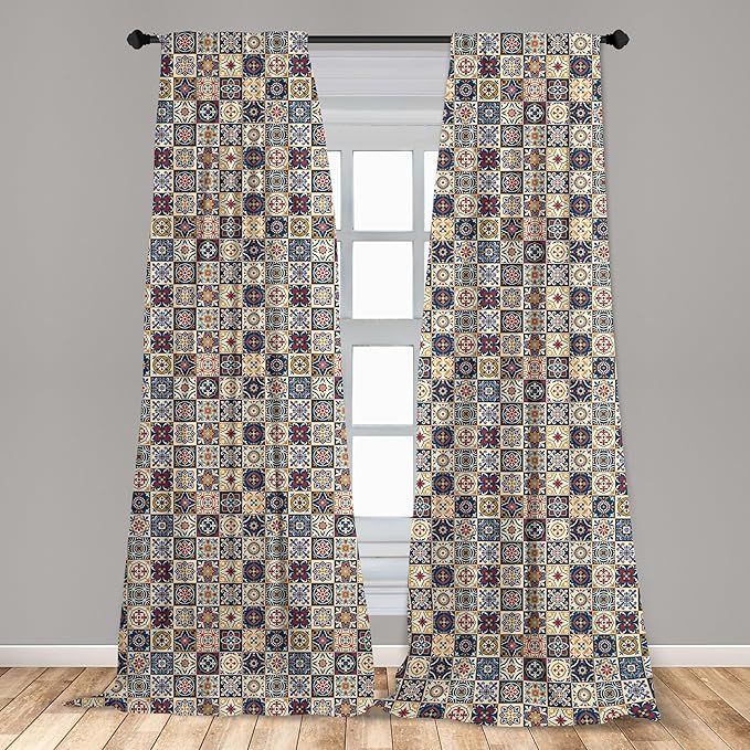 Ambesonne Moroccan Window Curtains, Portuguese Azulejo Checkered Squares Colorful Pattern Floral Arrangement, Lightweight Decor 2-Panel Set with Rod Pocket, Pair of - 28" x 84", Dark Blue Amber Red