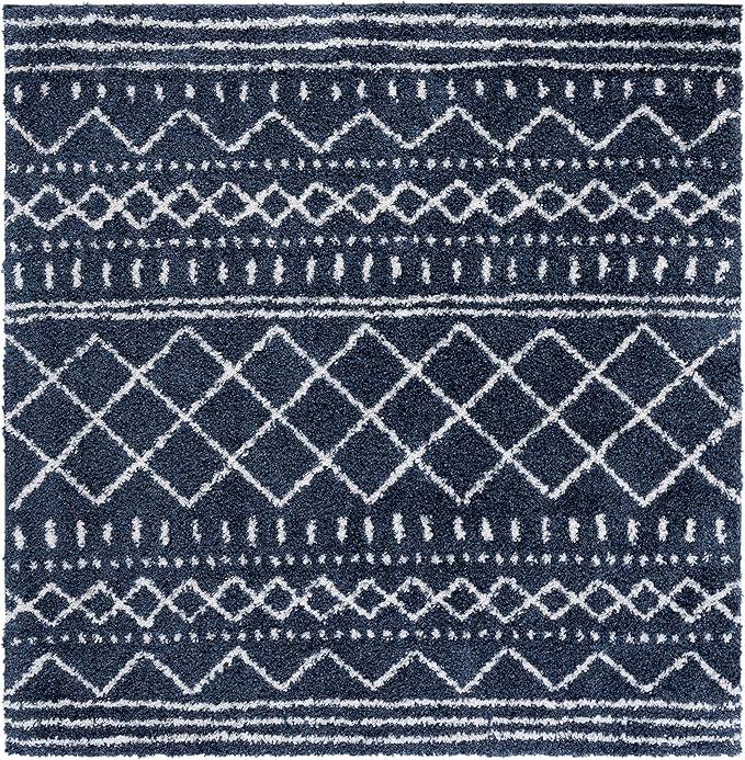 SAFAVIEH Arizona Shag Collection Area Rug - 3'2" Square, Slate Blue & Ivory, Moroccan Design, 1.6-inch Thick, Non-Shedding, Ideal for High Traffic Areas in Living Room, Bedroom, Dining (ASG741L-3SQ)