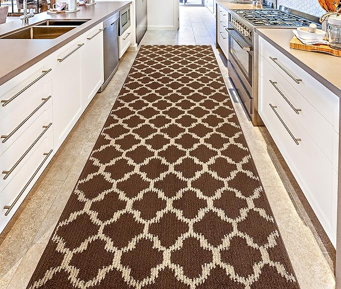 Custom Size Cut to Length Moroccan Trellis Design Runner Rug Mat For Wide Long Hallways with Non-Slip Rubber Backing, Better Traction for Pets, Prevent Slippage, Trellis Brown, 31 inch X 10 feet