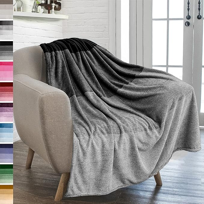 PAVILIA Black Ombre Fleece Throw Blanket for Couch, Soft Flannel Blanket for Sofa Bed Room, Plush Lightweight Dark Gray Black Gradient Blanket, Cozy Microfiber Decorative Gift Throw, 50x60