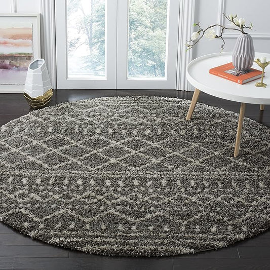 SAFAVIEH Arizona Shag Collection Area Rug - 6'7" Round, Brown & Ivory, Moroccan Design, Non-Shedding & Easy Care, 1.6-inch Thick Ideal for High Traffic Areas in Living Room, Bedroom (ASG741B)