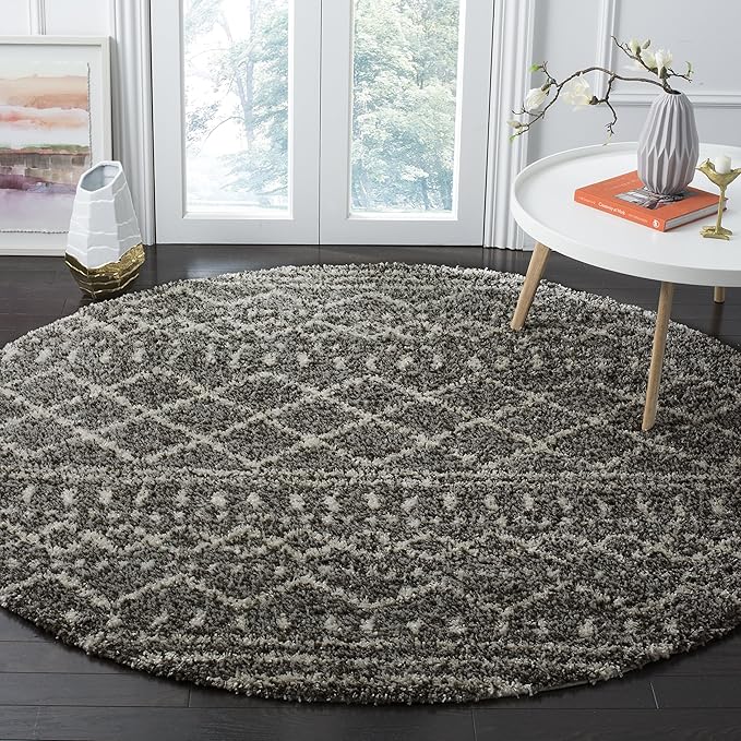 SAFAVIEH Arizona Shag Collection Area Rug - 10' Round, Charcoal/Beige, Geometric Design, Plush 1.6 Inch Thick Ideal for High Traffic Areas in Living Room, Bedroom, Dining (ASG741B)